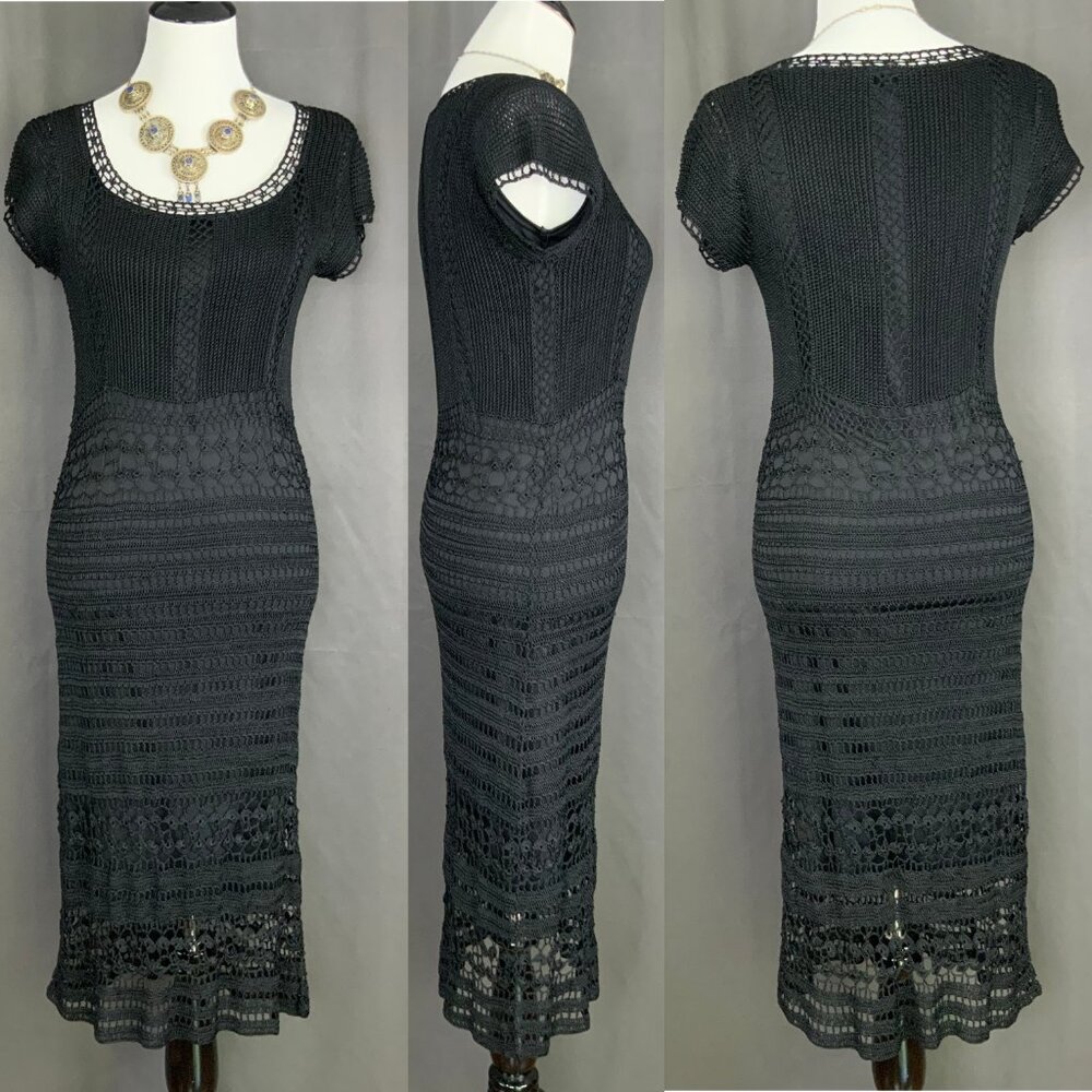 Vintage 90’s Kroshetta By Papillon Black Crochet Midi Dress Size S - Picture 4 of 16